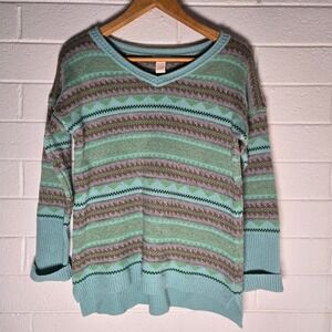 Sundance Sweater Medium Blue Green Fair Isle Merino Wool Cashmere Blend Colorful